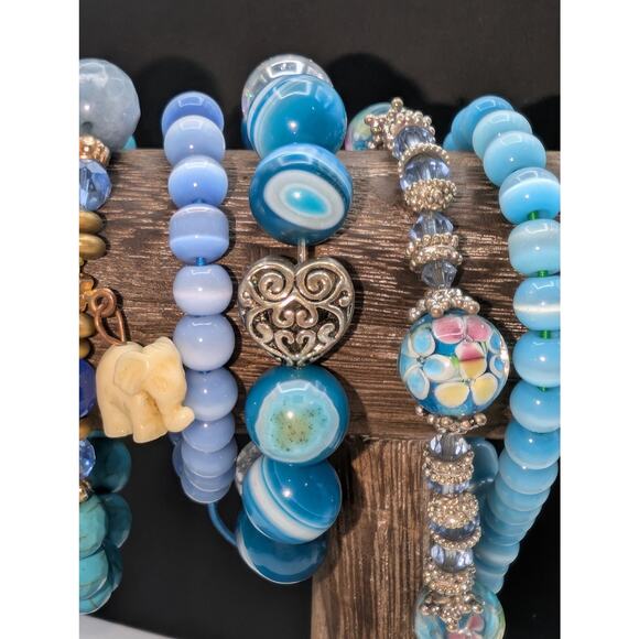 Lot of Eight Blue Theme Stone & Glass Bead Bracelets - Picture 3 of 6